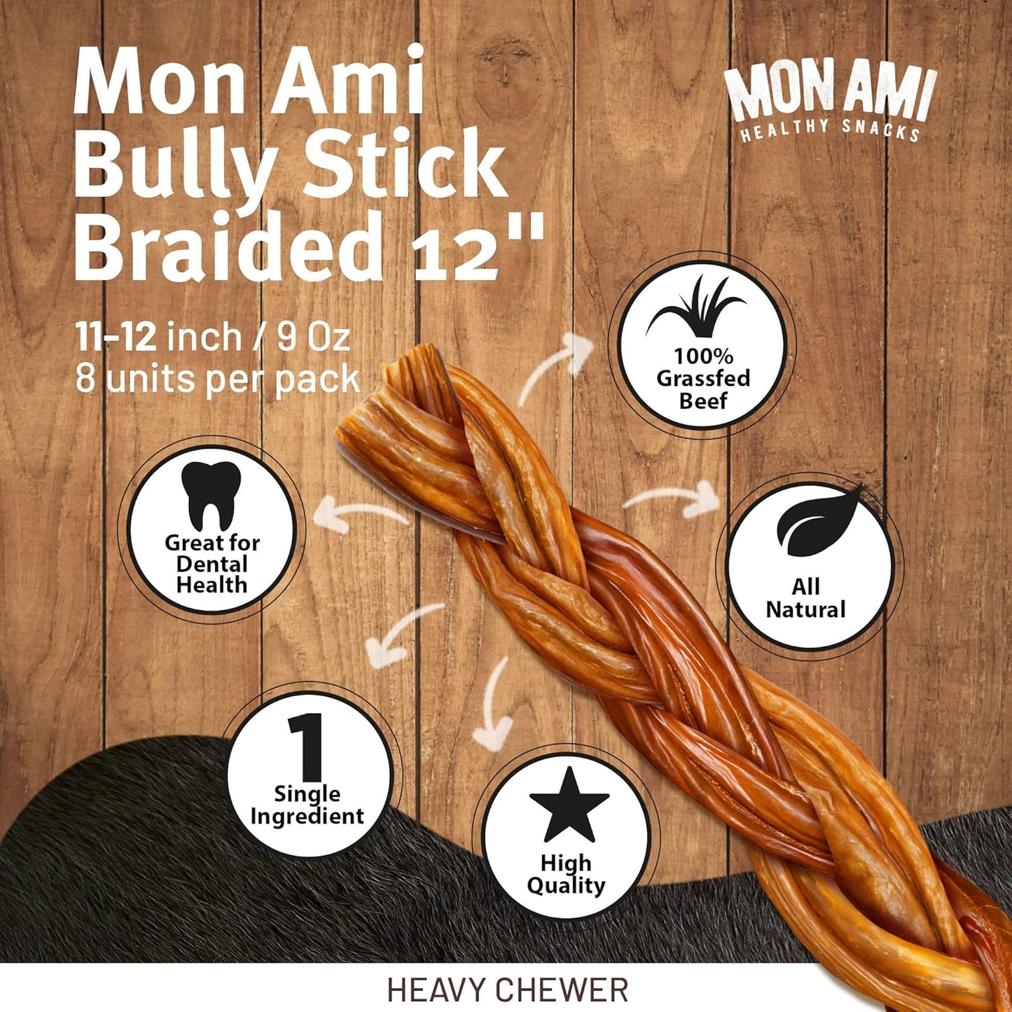 Mon Ami Braided Bully Sticks for Large and Small Dogs (11-12 Inches, Pack of 8) - Made from Grass Fed Beef Dog Treats - Natural Bully Sticks - Grain Free & High Protein Dog Snack