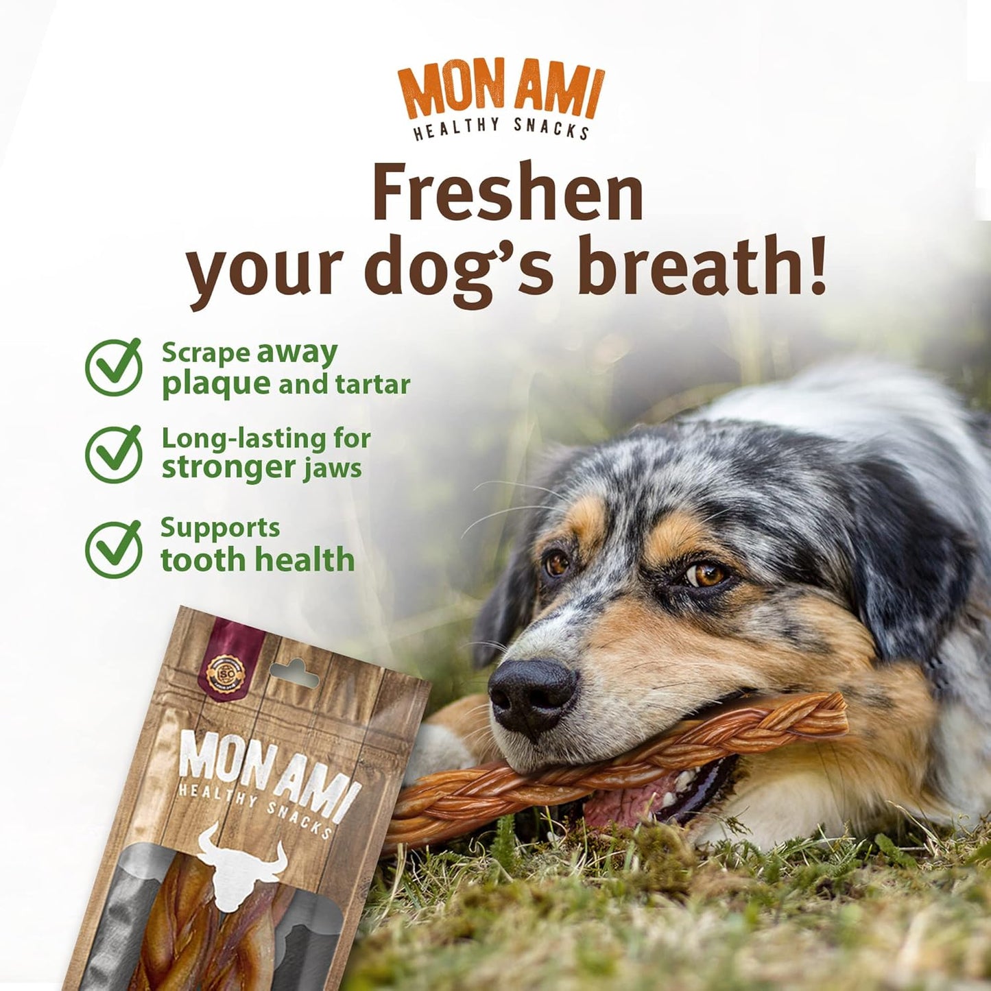 Mon Ami Braided Bully Sticks for Large and Small Dogs (11-12 Inches, Pack of 8) - Made from Grass Fed Beef Dog Treats - Natural Bully Sticks - Grain Free & High Protein Dog Snack