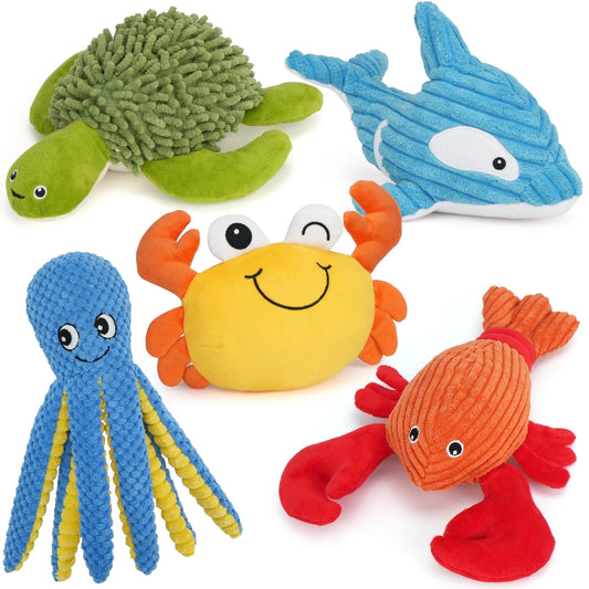 Dog Toys, 5Pc Plush Ocean Animal Dog Squeaky Toy, Crinkle Pet Toy, Stuffed Puppy Chew Toys