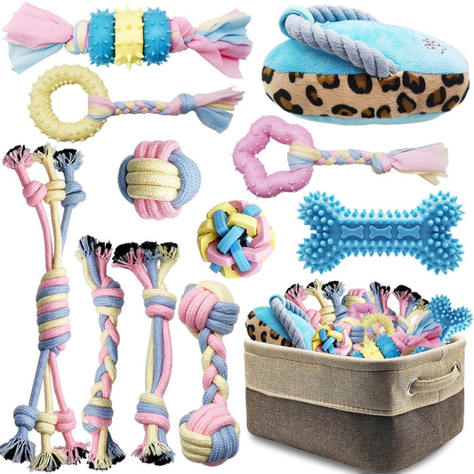 Teething Puppy Chew Toys with Interactive Tug Options and Storage Basket