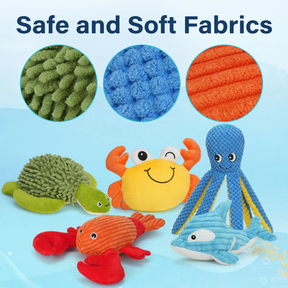 Dog Toys, 5Pc Plush Ocean Animal Dog Squeaky Toy, Crinkle Pet Toy, Stuffed Puppy Chew Toys