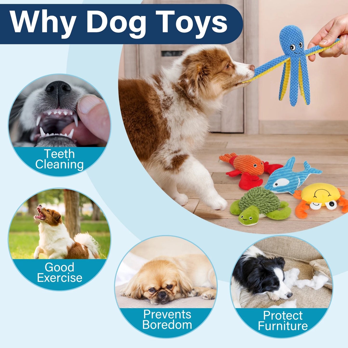 Dog Toys, 5Pc Plush Ocean Animal Dog Squeaky Toy, Crinkle Pet Toy, Stuffed Puppy Chew Toys
