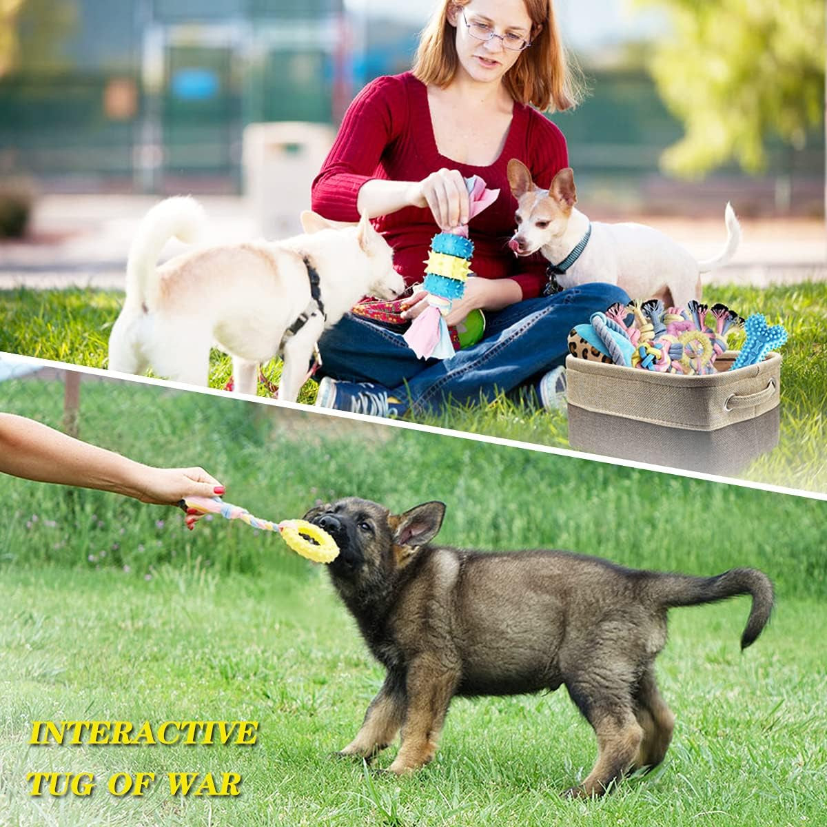 Teething Puppy Chew Toys with Interactive Tug Options and Storage Basket