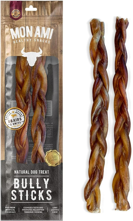 Mon Ami Braided Bully Sticks for Large and Small Dogs (11-12 Inches, Pack of 8) - Made from Grass Fed Beef Dog Treats - Natural Bully Sticks - Grain Free & High Protein Dog Snack